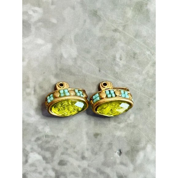 Vintage JJG Jonette Yellow Art Glass Blue Beaded Goldplate Clip On Earrings - Picture 4 of 6